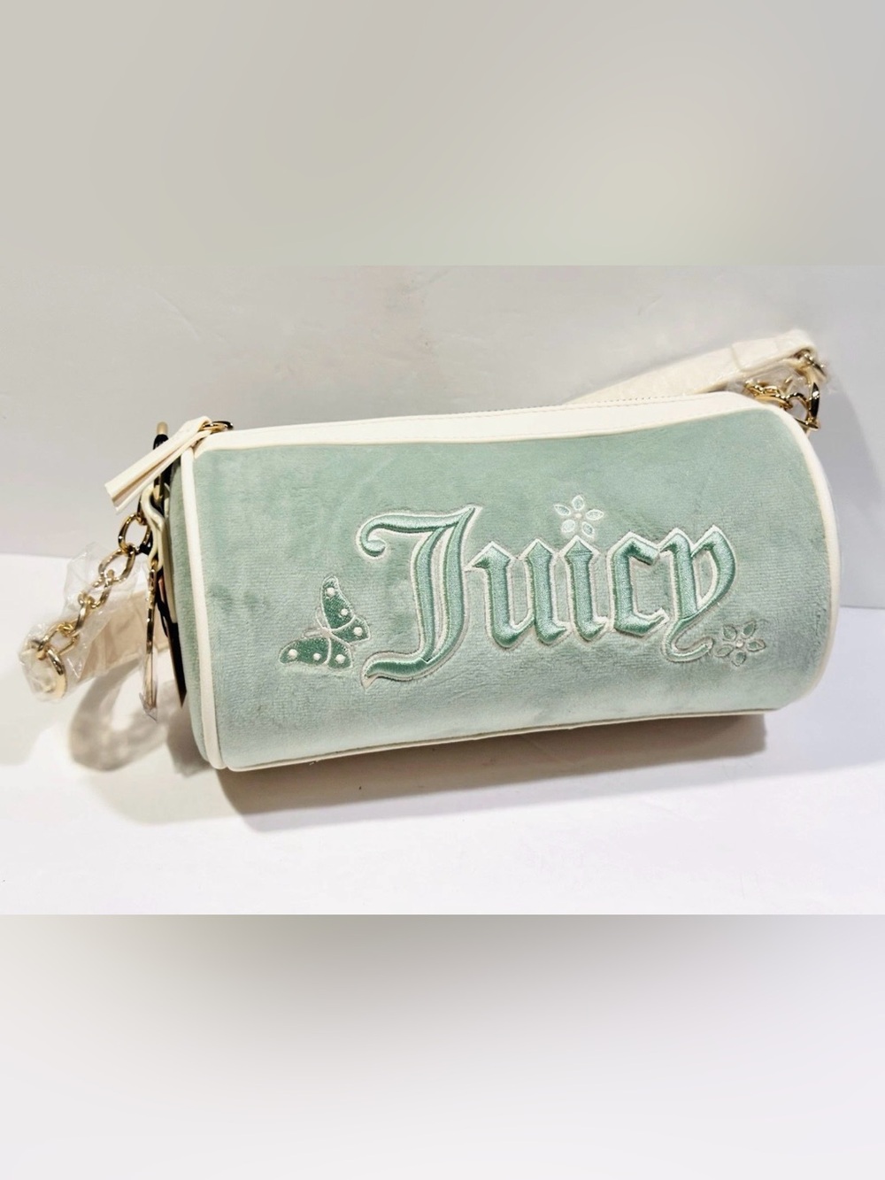 Juicy Couture Mint Green Velvet Mini Barrel Bag with White Trim